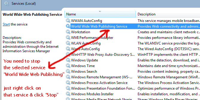 stop wwwp service on windows
