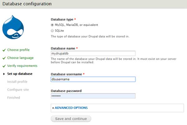 drupal database info at installation
